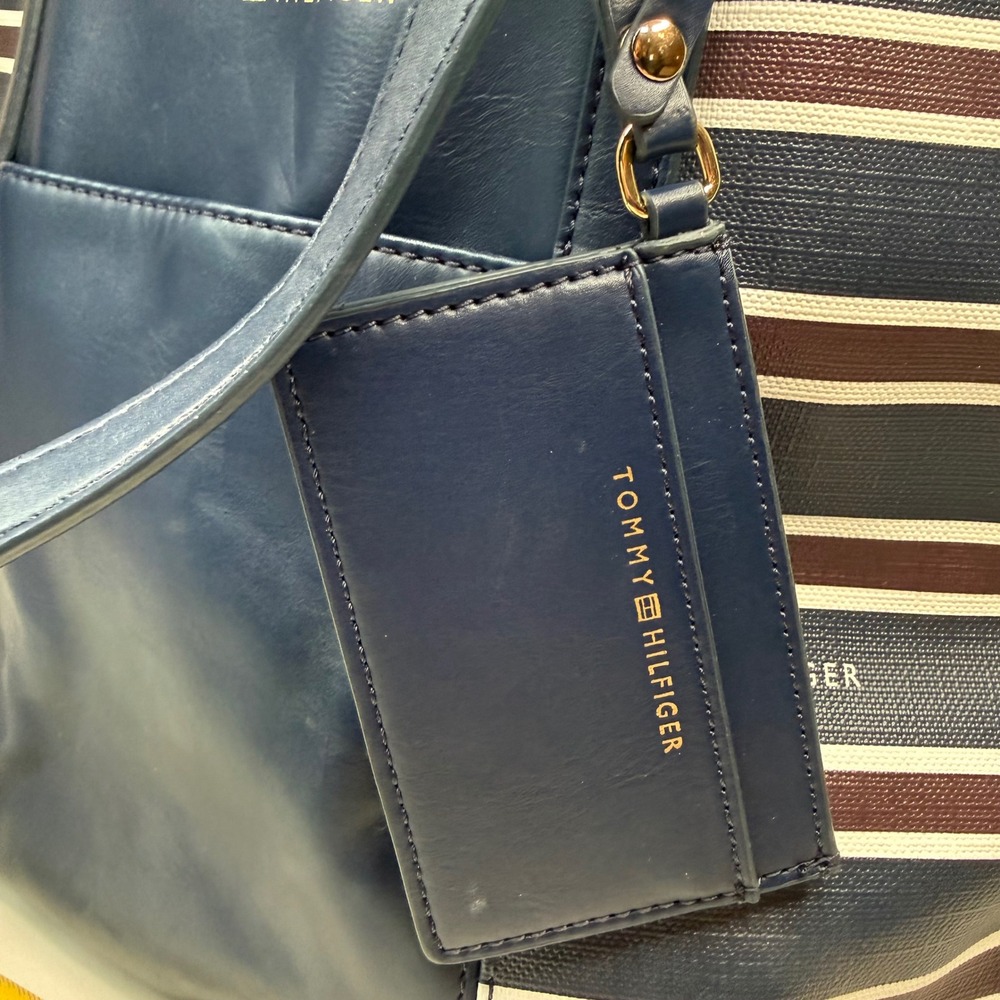 Tommy Hilfiger Navy Blue Red White Striped 13" Tote Bag Card Holder Pockets - Picture 10 of 16